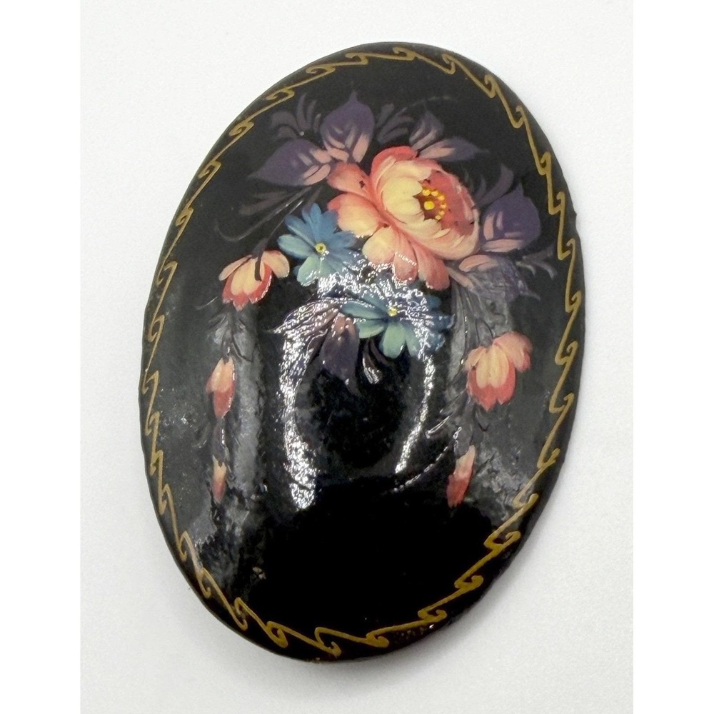 Hand Painted Floral Brooch Artist Signed Oval Wearable Art Cottagecore Jewelry